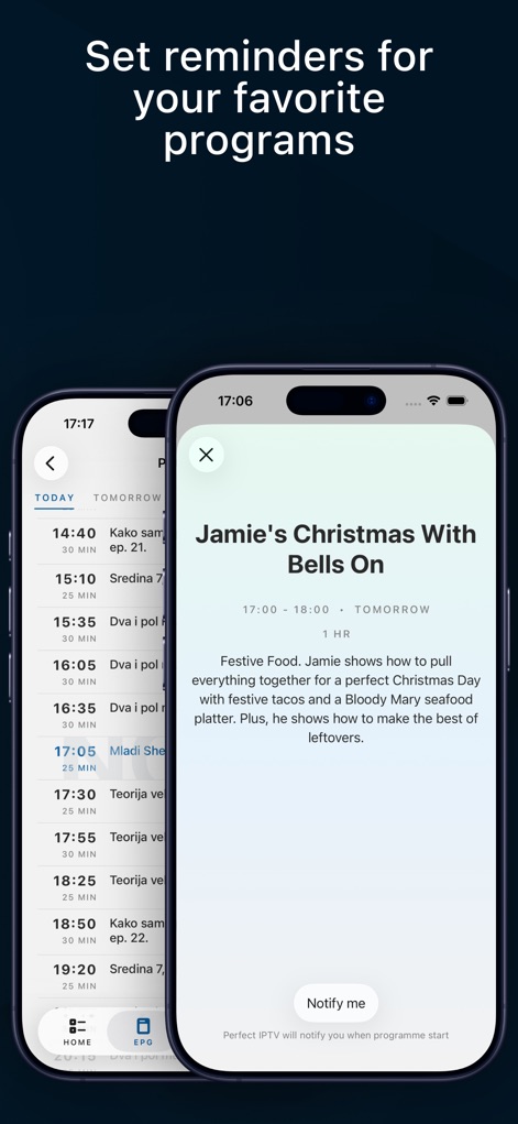 IPTV - Watch TV Online - Nunca se pierda un programa favorito gracias a los recordatorios configurables, que incluyen un botón 'Notify me' y muestran información detallada del programa, como el título 'Jamie's Christmas With Bells On'.