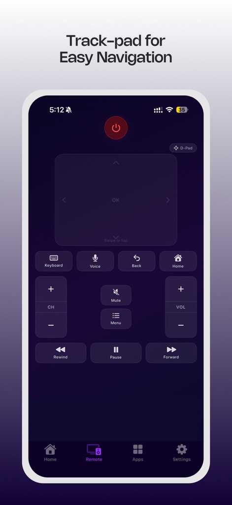 ONN TV Remote - Explore the app's advanced trackpad functionality, allowing users to precisely navigate menus with a simple swipe or tap gesture, complemented by quick access to the virtual keyboard.