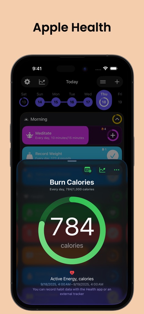 Grit: Daily Habit Tracker - Experience Apple Health integration, allowing for automatic tracking of health-related habits like calorie burn with a prominent numerical display.