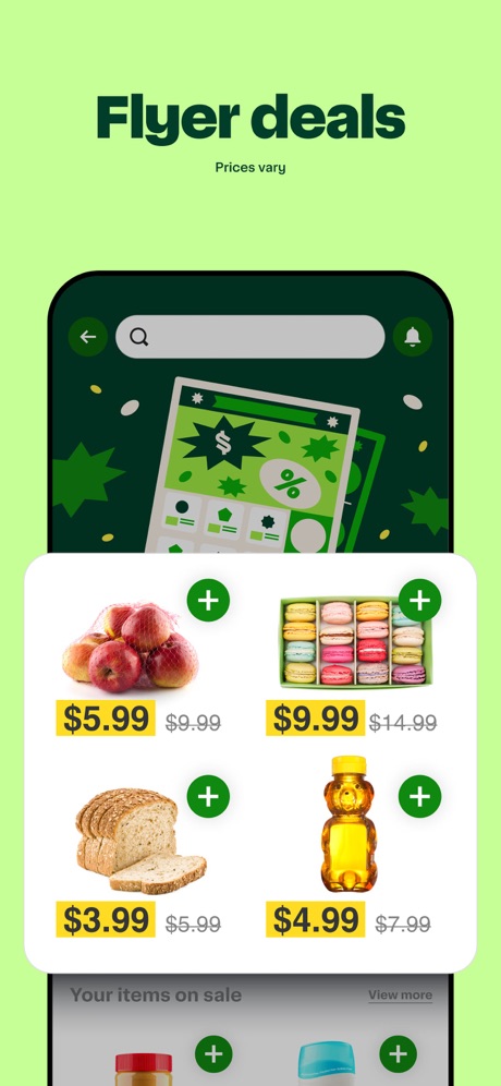 Instacart: Groceries & Food App Store screenshot 4, headline “Flyer deals”. Illustration or mascot.