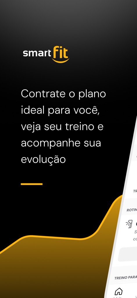 Smart Fit App - La aplicación presenta una visión inicial clara, permitiendo a los usuarios contratar el plan ideal y visualizar su entrenamiento, mientras que la interfaz parcial a la derecha sugiere una navegación sencilla para el seguimiento de la evolución.