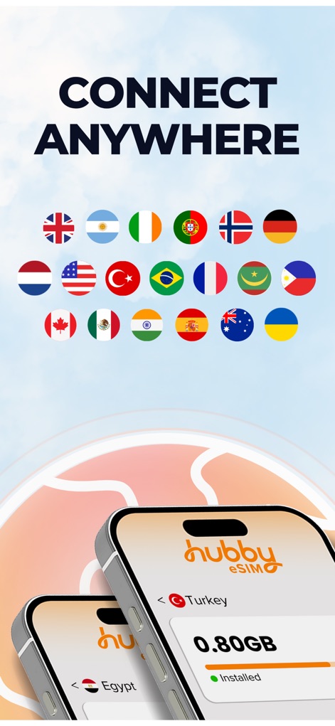 HUBBY eSIM - Explore the app's impressive global network through its diverse country flag selection and intuitive country-specific data status displays.