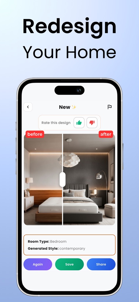 DecorAI: AI Interior Design - This tool offers clear before and after comparisons for specific rooms, showcasing the 'Room Type: Bedroom' and the 'Generated Style: contemporary'.