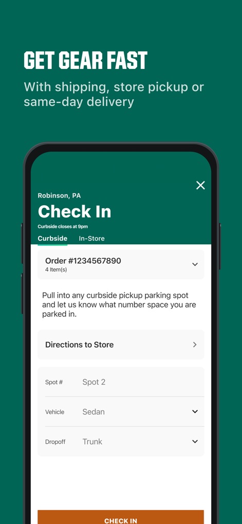DICK’S Sporting Goods - The app facilitates quick order retrieval with a clear "Check In" process and allows users to specify "Vehicle" and "Dropoff" details for curbside service.
