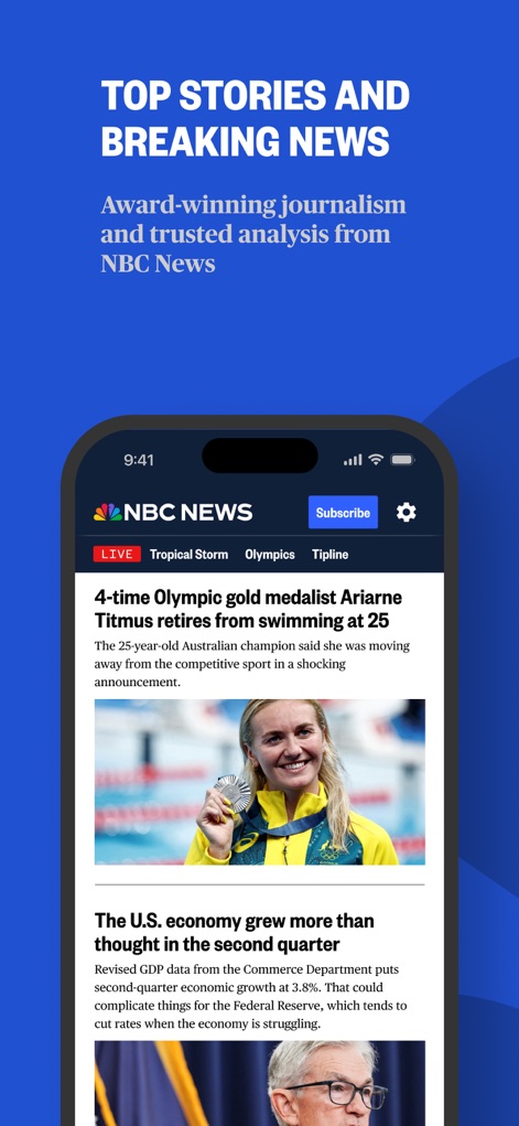NBC News: Breaking & US News - L'application présente les dernières actualités avec des indicateurs "LIVE" clairs et des catégories de nouvelles variées telles que "Tropical Storm" et "Olympics", garantissant une information rapide et pertinente.
