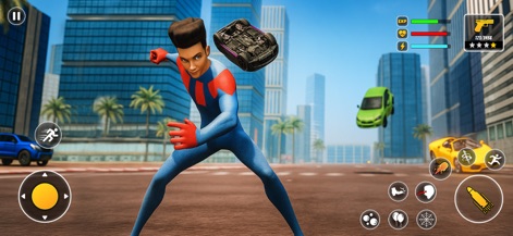 Gangster Boss Mob Wars - Observe the character utilizing impressive superpowers to lift a car, demonstrating the app's unique combat mechanics and interactive elements.