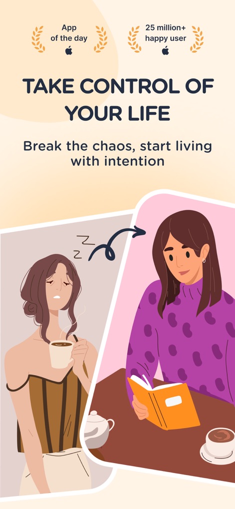 Dear Me: Daily Routine Tracker - This introductory visual highlights the app's promise to help users transition from chaos to intentional living, showcasing a clear before-and-after visual and endorsements like "App of the day" and "25 million+ happy users".