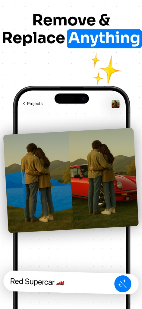 Drostudio: AI Photo Editor - Questo screenshot illustra la potente capacità dell'app di modificare elementi, utilizzando una selezione evidenziata in blu per rimuovere un oggetto e un prompt testuale ("Red Supercar") per descrivere la sua sostituzione.