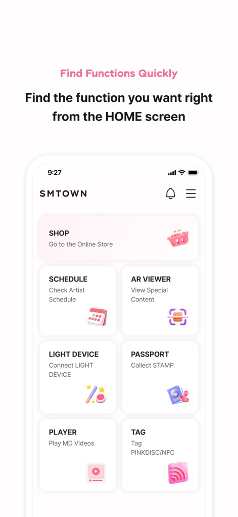 SMTOWN | OFFICIAL - Discover the app's intuitive navigation, enabling users to quickly locate features like the 'AR VIEWER' and 'LIGHT DEVICE' directly from the home screen.