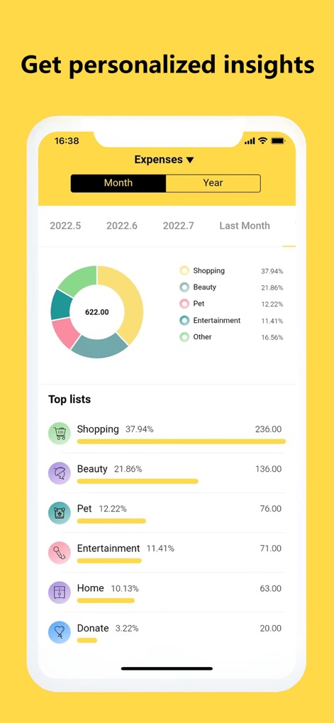 Money Tracker:Expense & Budget - This tool provides personalized insights through a vibrant pie chart illustrating expense distribution and detailed top spending lists.