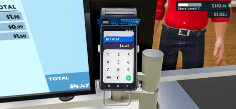 Supermarket Store Game 3D - Observe the practical cashier simulator in action, featuring a detailed payment terminal for processing purchases and a clear display of calculated item totals.