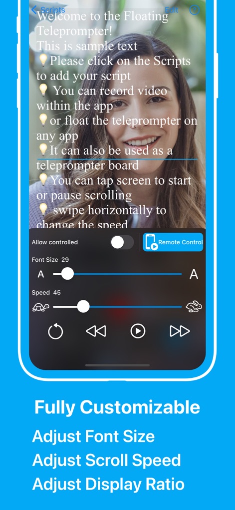 Teleprompter: Floating Notes - Explore the extensive customization options, including precise adjustments for font size and scroll speed, ensuring optimal readability and pacing for any presenter.