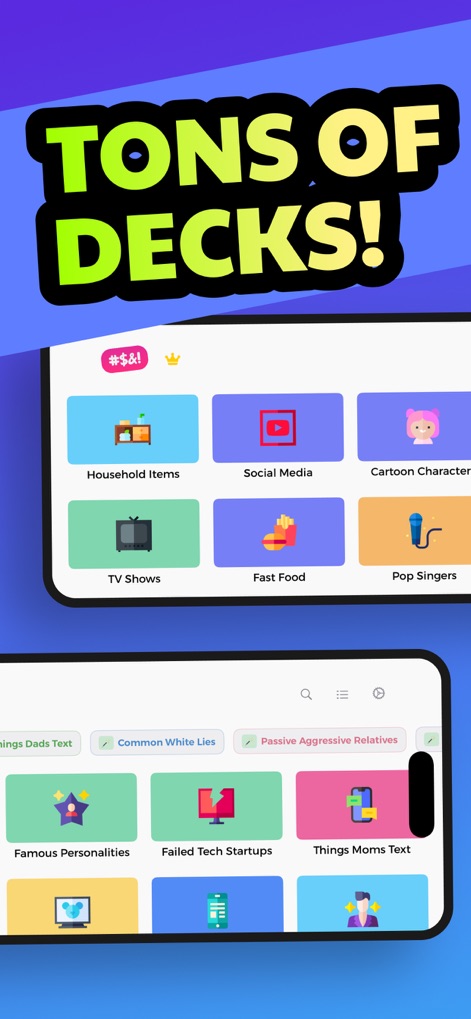 Guess the Word! Charades Game - The app provides an extensive library of pre-made and custom categories, clearly presented through distinct iconic buttons and a scrolling list of diverse deck options.