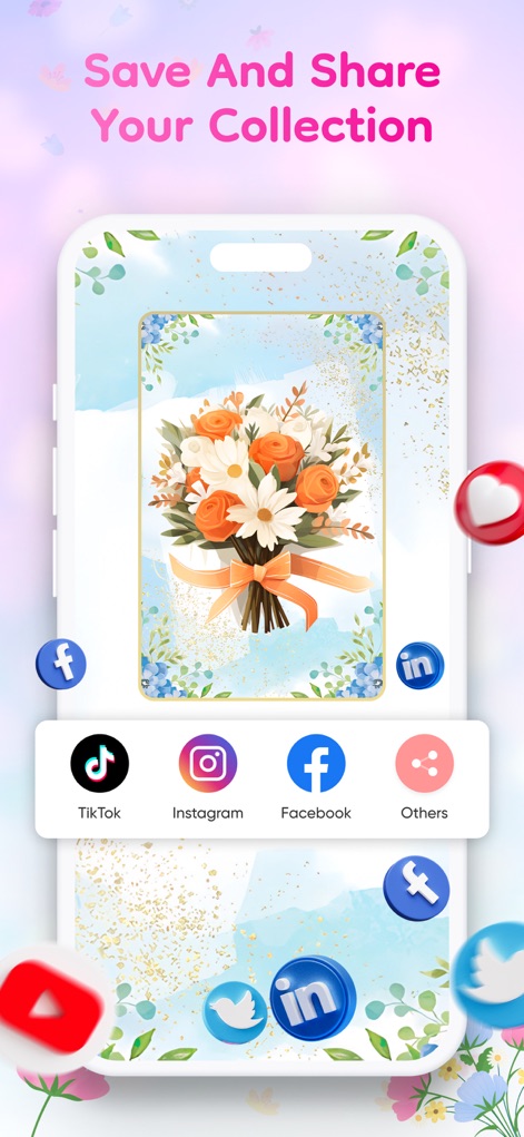 FloralWhisper: Lovely Language - ユーザーは作成したフローラル壁紙のデザインを端末に保存し、TikTokやInstagramなどの主要なソーシャルメディアプラットフォームで簡単に共有できます。