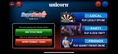Unicorn ScoreBuddy - Esta pantalla presenta un acceso directo a la acción, destacando las opciones de juego "LOCAL" para partidas offline y "FRIENDS" para desafiar a compañeros en línea, facilitando la elección del modo deseado.