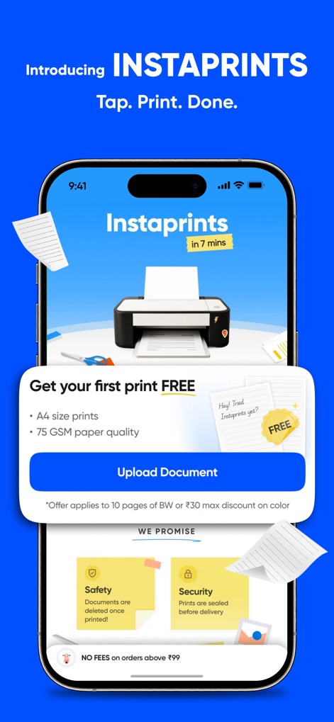 Instamart: Groceries & more - This screenshot introduces the 'INSTAPRINTS' service, allowing users to print documents, highlighted by an enticing 'Get your first print FREE' offer and clear security promises.