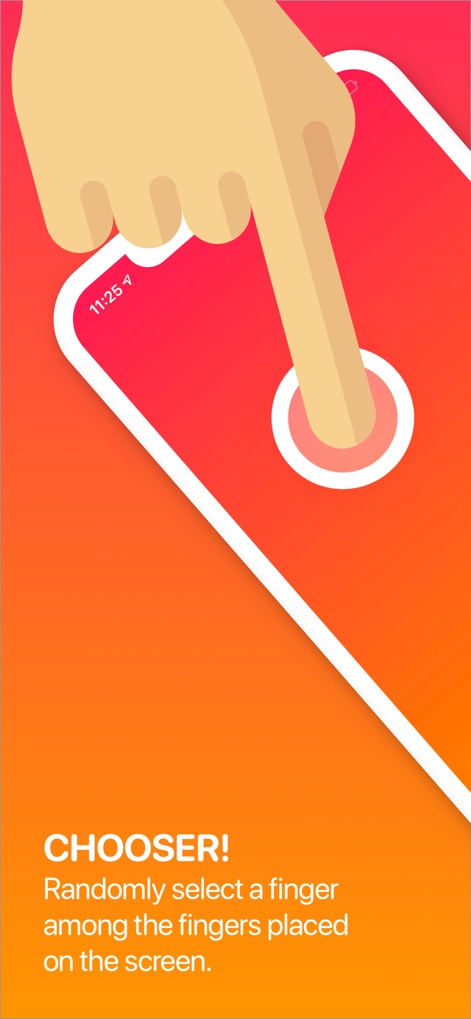 Chooser! - La aplicación muestra un dedo interactuando con la pantalla, ilustrando la funcionalidad principal de selección aleatoria entre los dedos de los usuarios, como se detalla en el texto inferior que describe 'Randomly select a finger...'.