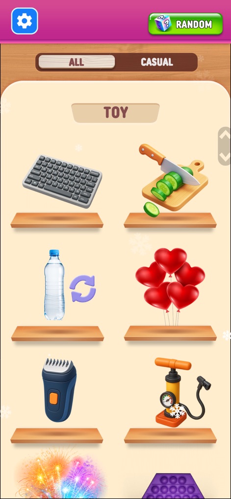 Antistress: Relaxing Mini Game - Users can browse diverse activities from a curated "TOY" selection, featuring classic items like a keyboard and unique interactions such as cucumber slicing.
