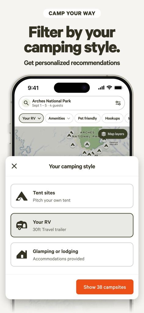 Hipcamp: Camping, RVs & Cabins - Cet outil permet de personnaliser la recherche de camping en fonction du style préféré, offrant des options comme les "Tent sites" ou "Your RV", et affichant immédiatement le nombre de "38 campsites" disponibles après application du filtre.