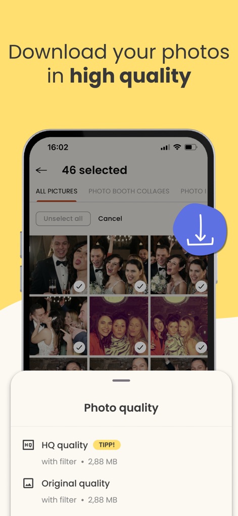 KRUU - This feature allows users to select multiple photos for download and offers distinct options for HQ quality or original quality retention.