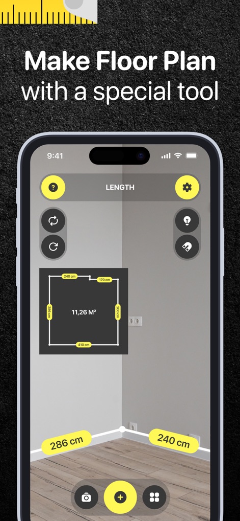 Tape Measure & Ruler Арр - Users can effortlessly create detailed floor plans, viewing precise area calculations like '11.26 M²' and specific wall dimensions such as '240 cm'.