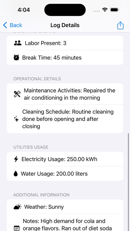 Cold Drinks Shop Daily Log