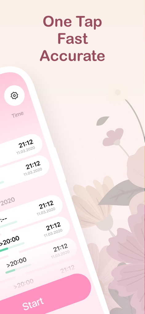 Contraction Timer +؜ - La captura destaca la facilidad de uso con el botón "Start" prominente y la visualización de la hora de cada contracción, integrado en un fondo con elementos florales delicados.