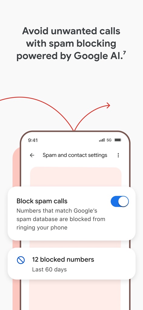 Google Fi Wireless - ユーザーは「Block spam calls」のトグルを操作することで、Google AIを活用したスパムブロック機能を有効化し、過去にブロックされた電話番号の件数（例：12件）を確認して不要な着信から保護されます。