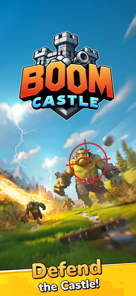 Boom Castle: Tower Defense TD - 이 스크린샷은 게임의 역동적인 로고와 함께, 거대한 오크가 조준점에 잡힌 긴장감 넘치는 전투의 서막을 보여줍니다.
