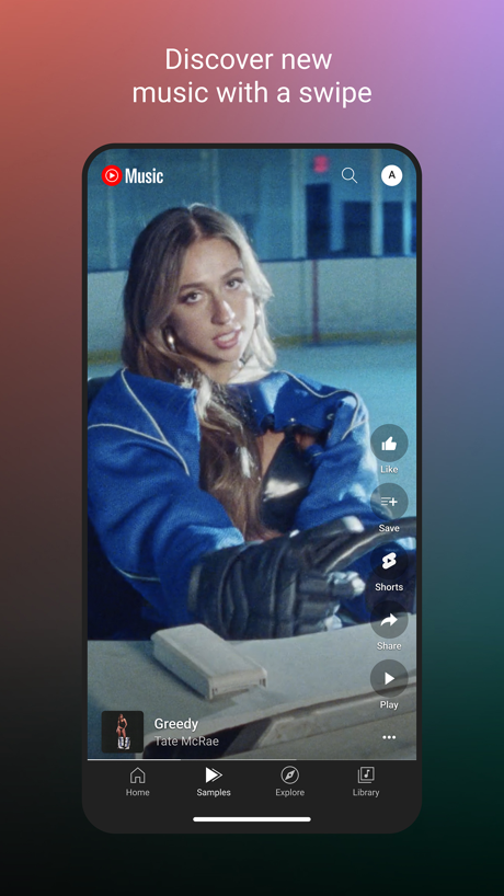 YouTube Music App Store screenshot 2, headline “Discover new music with a swipe”. A person in the picture.