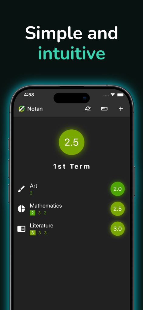 Notan - Observe how Notan presents a clear central term grade and a detailed list of individual subject scores for an immediate academic overview.