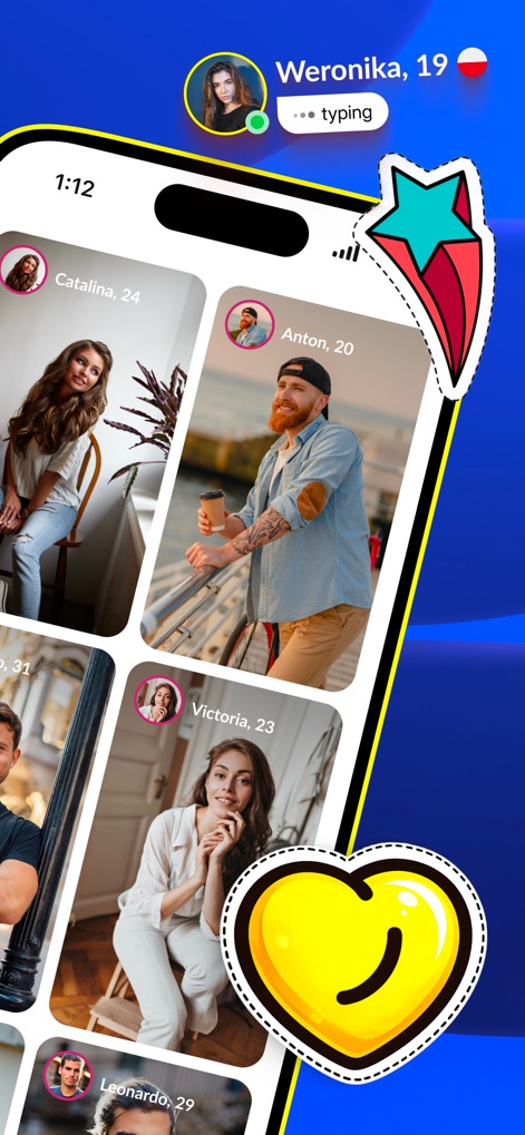 Olive - Make New Friends - Explore how users can browse a vibrant grid of potential connections and see real-time interaction indicators like '...typing', hinting at dynamic engagement.