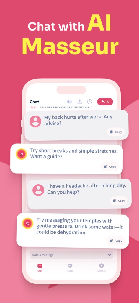 Vibrator: Strong Vibration App - The app offers an innovative 'AI Massage Therapist' chat interface, providing instant professional advice for issues like 'back pain' and offering tailored techniques.