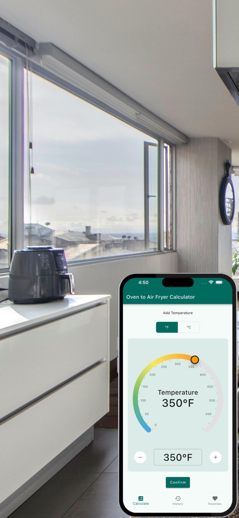 Oven to Air Fryer Calculator - This tool introduces a redesigned interface, showcasing the intuitive radial slider for temperature input and the convenient Fahrenheit/Celsius toggle for global usability.