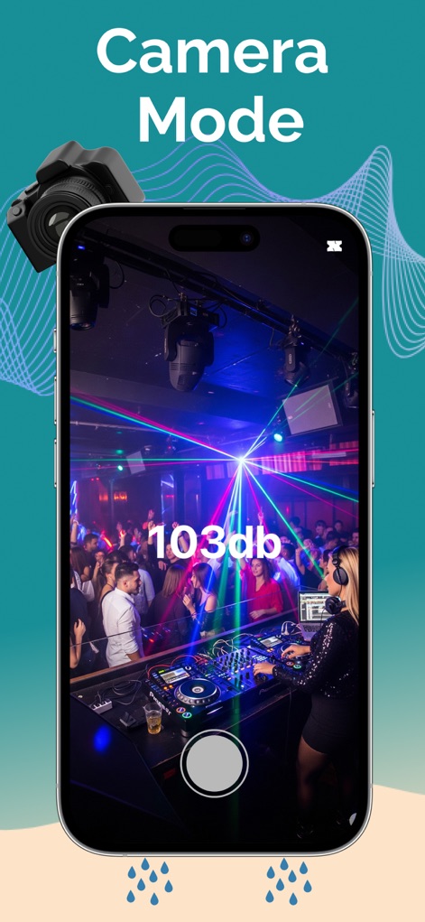 Clear Wave - Remove Water - The app integrates a camera view to measure ambient noise, displaying an overlaid real-time dB value of 103db in dynamic environments.