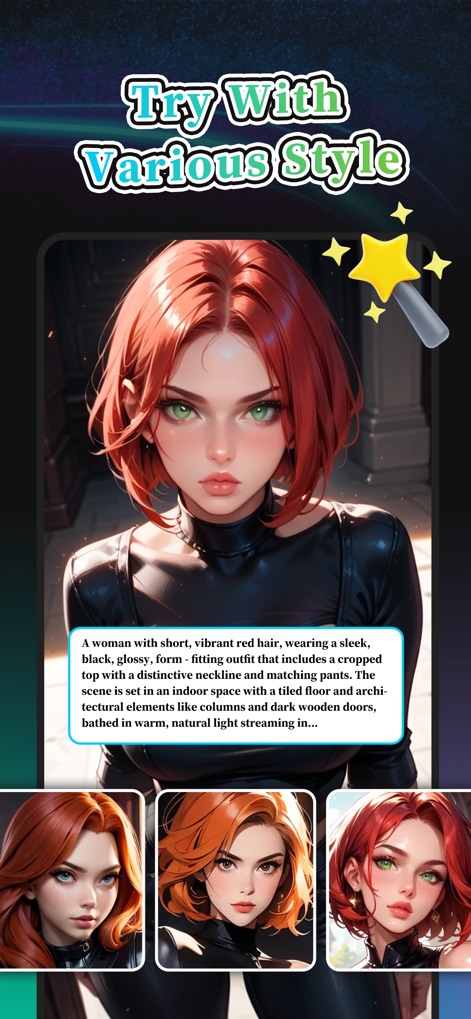 Keily-Create AI Stroy - Los usuarios pueden explorar una multitud de variaciones estilísticas para un mismo personaje, como se observa en los distintos retratos de la chica pelirroja, partiendo de una descripción detallada que define su apariencia y vestimenta.