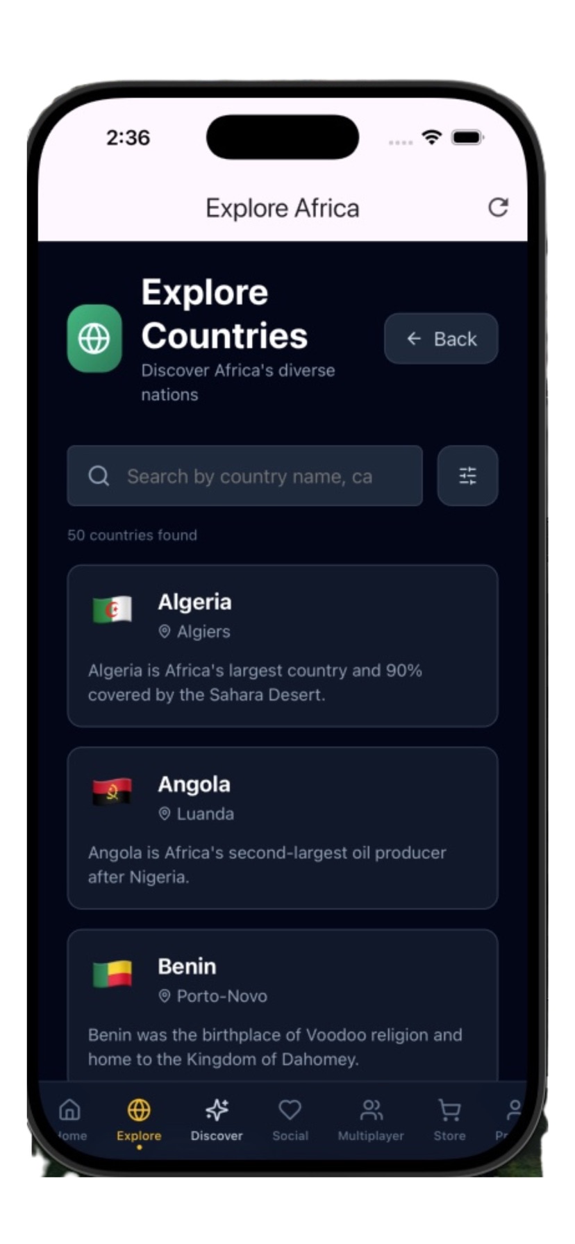 Explore Africa — quiz mode