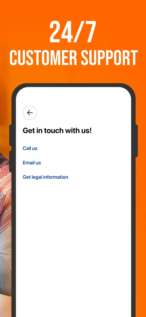 Saudi Ride Hailing : Kaiian - L'outil met à disposition un support client 24h/24 et 7j/7, avec des options claires pour "Appeler" ou "Envoyer un e-mail", garantissant une assistance rapide et continue aux utilisateurs.