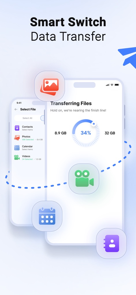 Smart Switch my Phone - この画面では、ユーザーは転送中のファイルと進行状況を視覚的に確認できます。転送済みデータ量（8.9 GB）と全体の進捗率（34%）が明確に示されています。