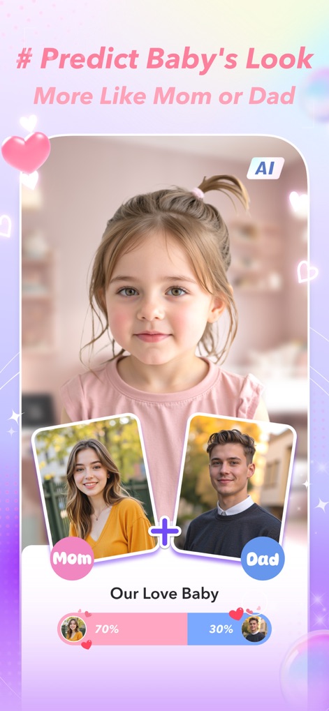 Picsify: AI Photo&Video Editor - The app predicts a baby's appearance based on parent photos, showcasing resemblance percentages and the generated "Our Love Baby" image.