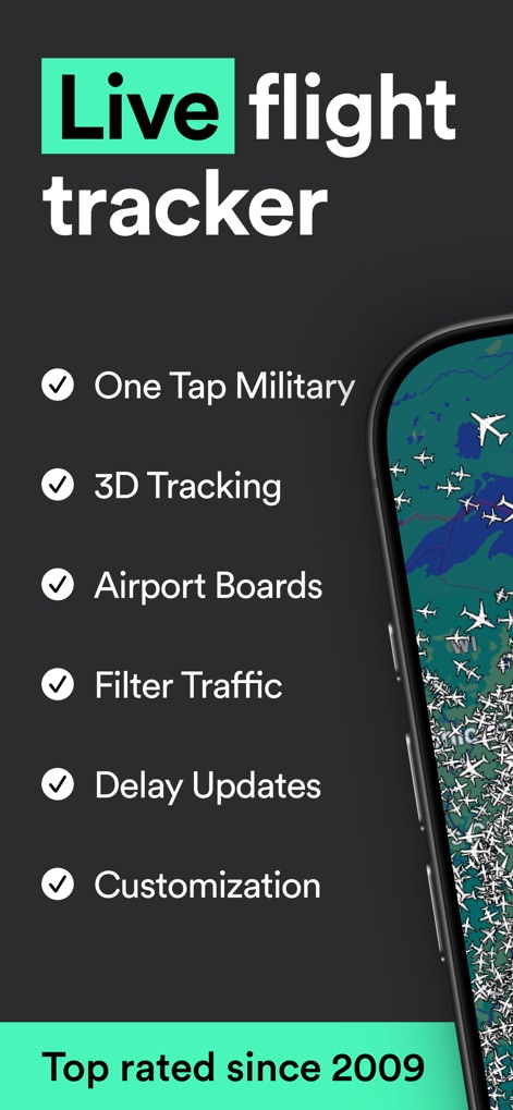 Plane Finder ⁃ Flight Tracker - The app highlights its core functionalities, such as "One Tap Military" and advanced "3D Tracking" capabilities, showcasing its robust feature set.