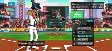Pixel Pro Baseball - L'app offre un'esperienza di battuta coinvolgente, dove gli utenti possono osservare l'interfaccia di battuta con l'arco dello swing e la barra del tempismo, e scegliere tra un ventaglio di lanci disponibili del pitcher, come 'Sweeping Curve' o 'Four Seam FB'.