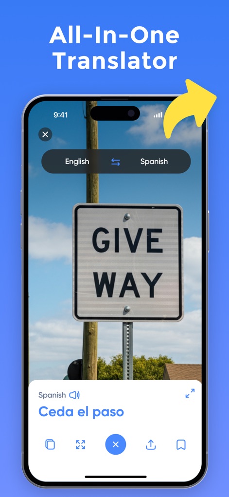 Voice Language Translator Pro - The app offers versatile translation modes, including image translation for signs like 'Give Way', providing instant understanding and clear audio output for the translated text.