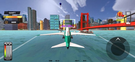 Pilot Simulator Plane Games - Esta imagen ilustra una emocionante pista acuática urbana, donde el avión se dirige hacia un objetivo de "FINISH" para completar la misión.
