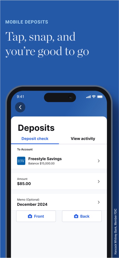 Hancock Whitney Bank - This tool simplifies check deposits, allowing users to select their target account and easily capture images of the front and back of checks.