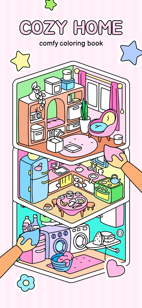 Cozy Home: Comfy Coloring Book - 이 앱은 침실, 주방, 세탁실과 같은 다양한 아늑한 방들을 층층이 쌓아올린 시각적인 구성을 통해 앱의 주요 테마를 직관적으로 보여줍니다.