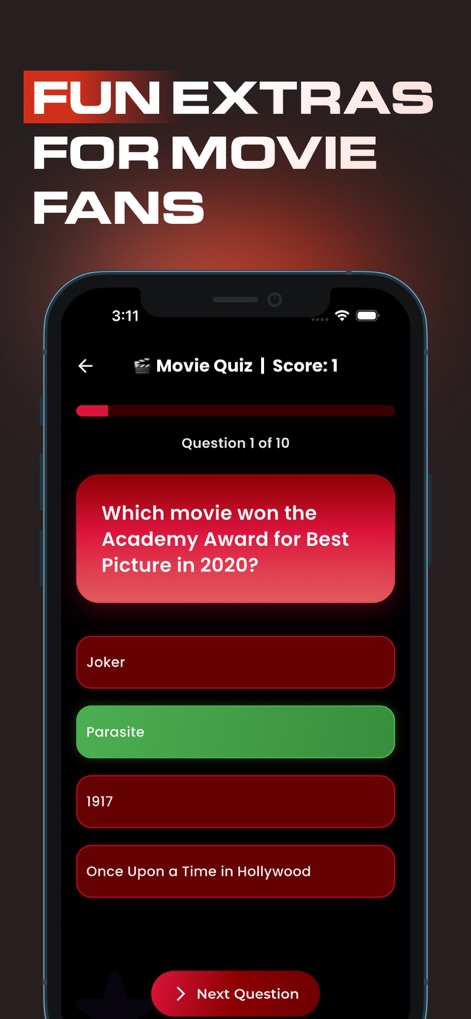 Cineby – Movies & TV shows - Para los cinéfilos, la aplicación incluye extras divertidos como este cuestionario interactivo de opción múltiple (X), que ofrece retroalimentación visual instantánea sobre las respuestas (Y).