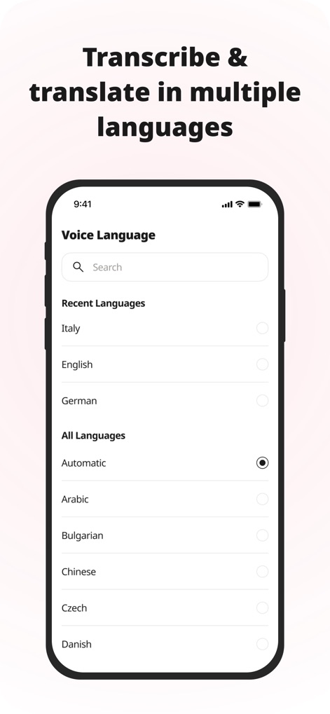 SpeakApp AI: Voice Notes - Observe the app's robust language support, providing users with a comprehensive list of voice languages for transcription and translation.