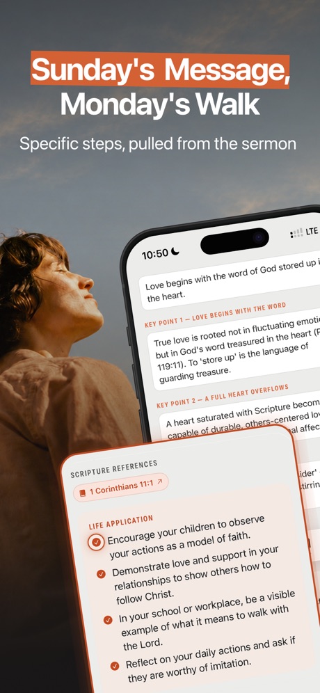 Vessel: Bible Study & Notes App Store screenshot 6, headline “Sunday's Message, Monday's Walk”. Watch, iPad or Mac beside it.