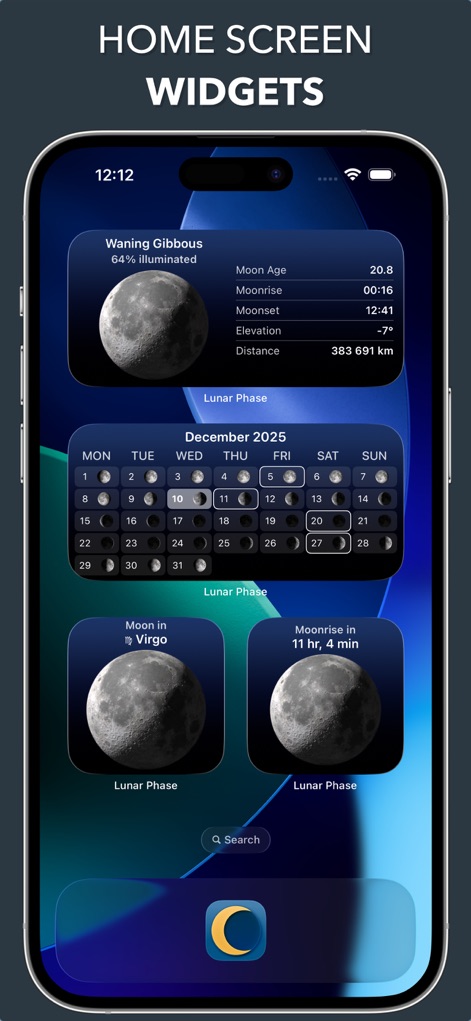 Lunar - Moon Phase & Widgets - Questo strumento personalizza la schermata Home con vari widget, tra cui la fase attuale e il calendario lunare con indicazione del "Moon in Virgo".